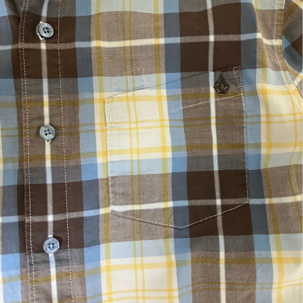 Volcom Men's Long Sleeve Button Down Plaid Shirt - Blue, Yellow, Brown and White - Picture 2 of 10